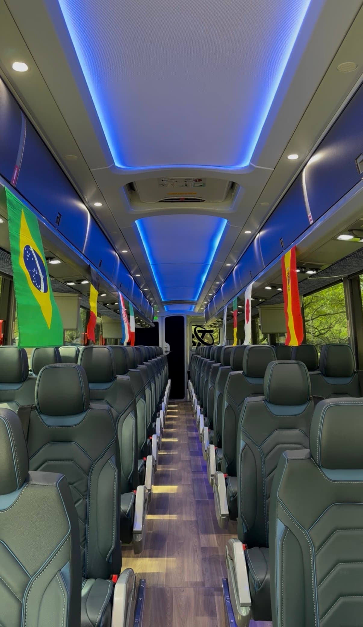 Aisle view of a RYDWAY coach with reclining leather seats and national flags